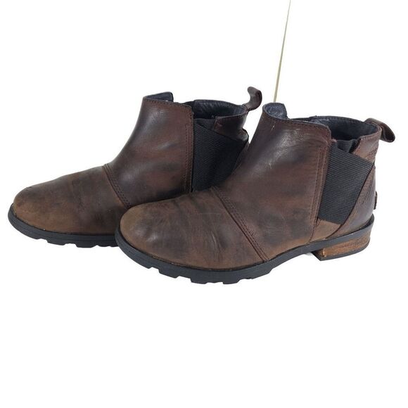 Women's Sorel Emilie US 7,5 Dark Brown Leather Pull On Ankle Chelsea Booties - Picture 1 of 13